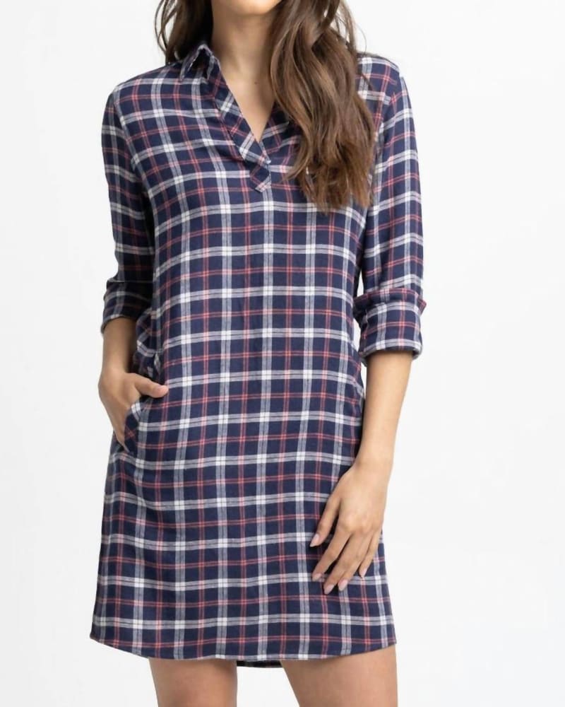 Front of a model wearing a size L Kamryn Chilly Morning Dress in Nautical Navy in Nautical Navy by SOUTHERN TIDE. | dia_product_style_image_id:342815